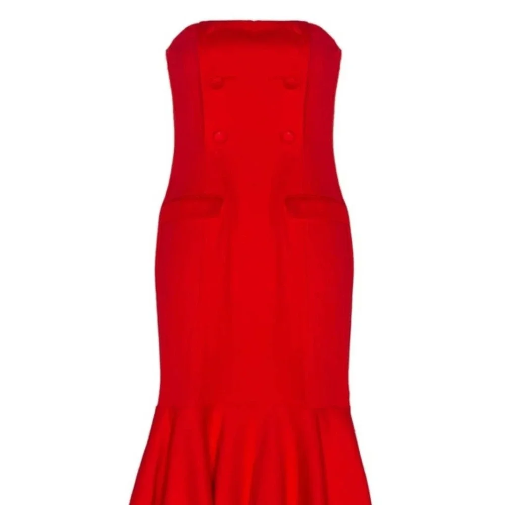 X Revolve Chrissy Teigen Red Midi Dress Landon Bodycon Ruffle Strapless Pencil S - Picture 3 of 7